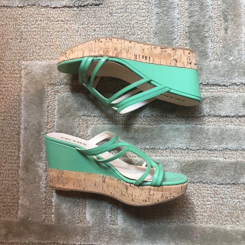 PRADA - Patent Leather Cork wedge sandals Green, 7 - Picture 5 of 5